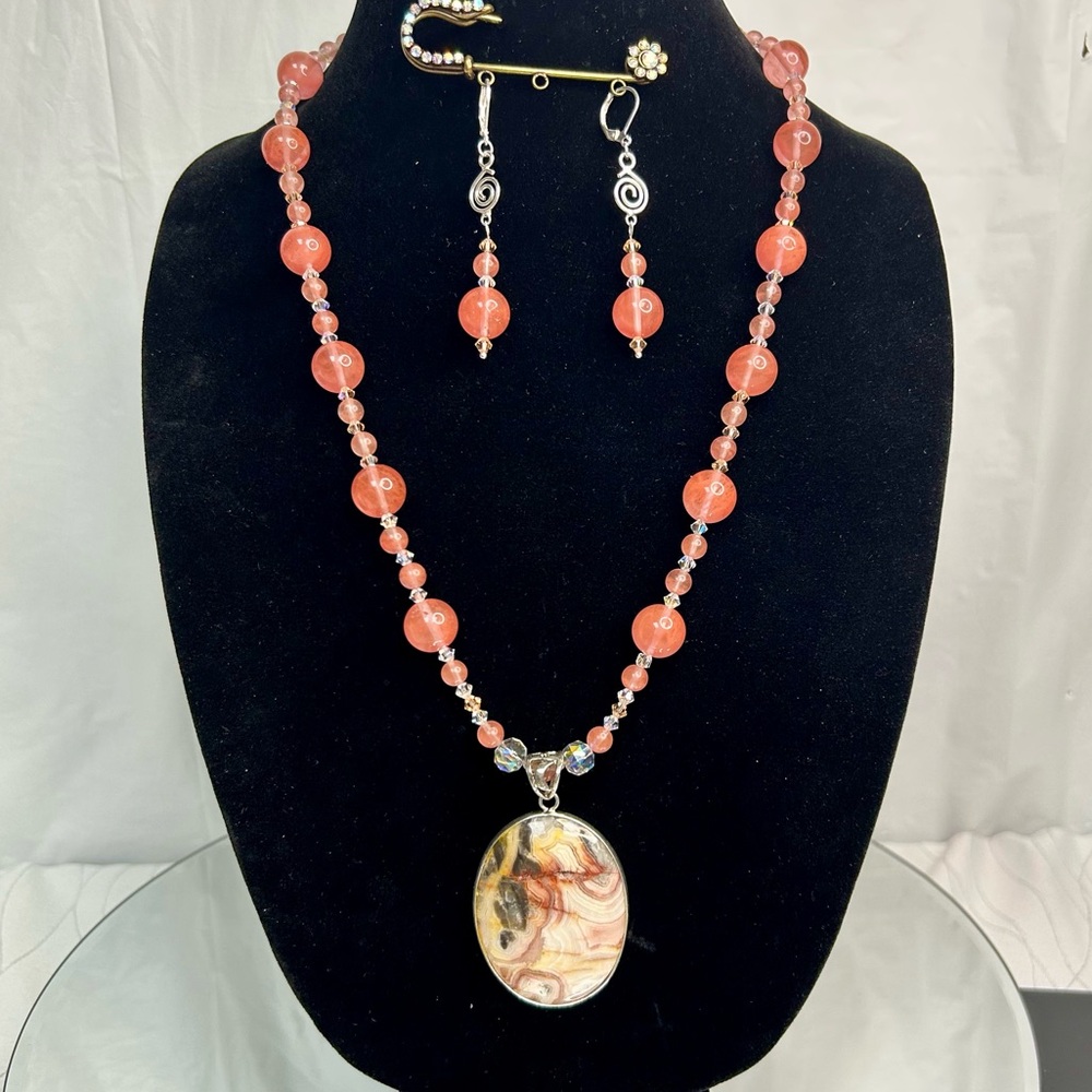 Crazy Lace Agate Pendant, Strawberry Quartz Beaded Necklace & Earrings Set